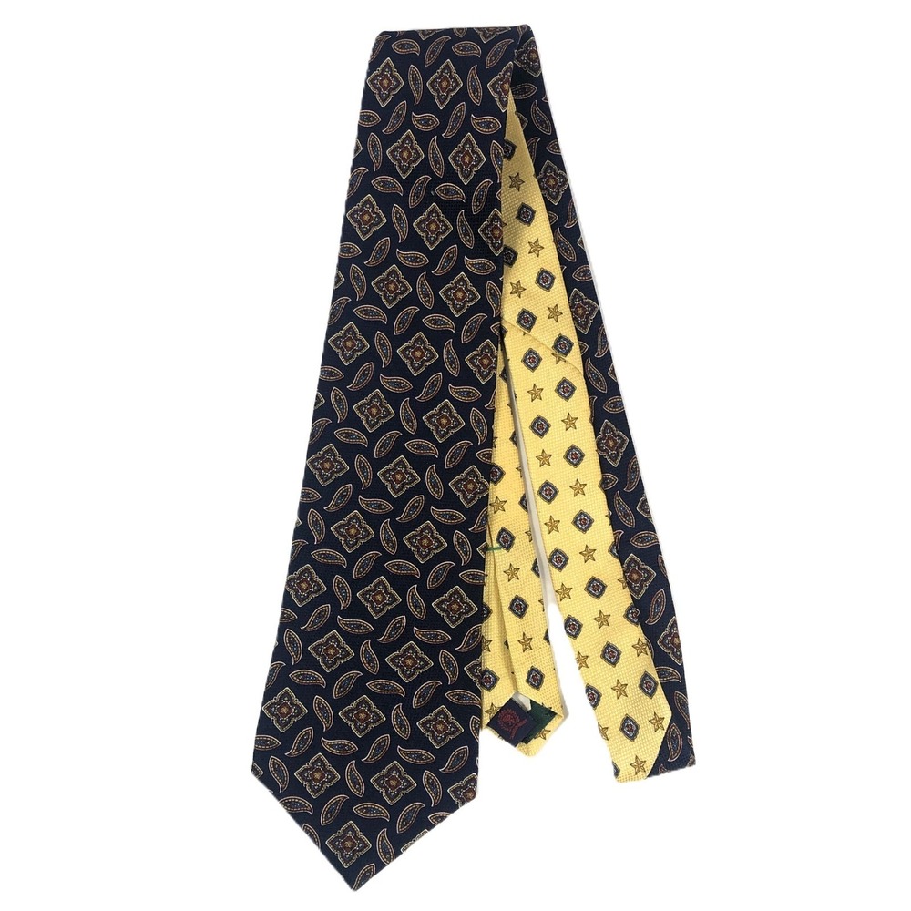 Tommy Hilfiger Navy Blue Yellow Paisley Star‎ Necktie Geometric Silk USA VTG 90s